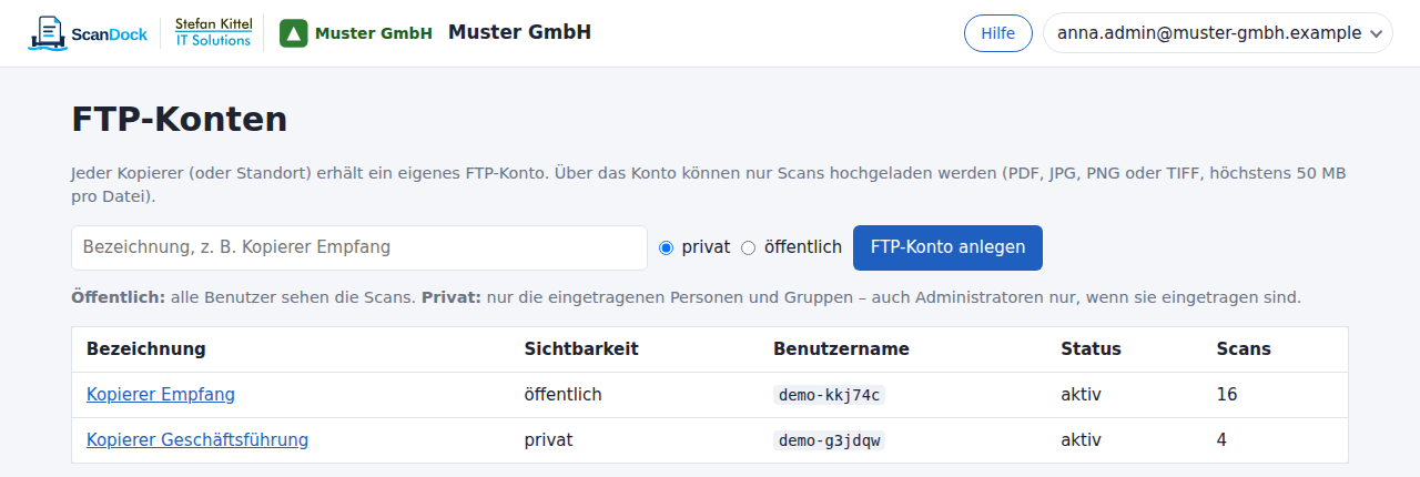 Seite FTP-Konten mit Formular „FTP-Konto anlegen“ und Liste der Konten