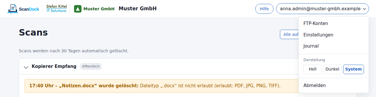 Kopfzeile mit Logos, Hilfe-Button und geöffnetem Benutzermenü