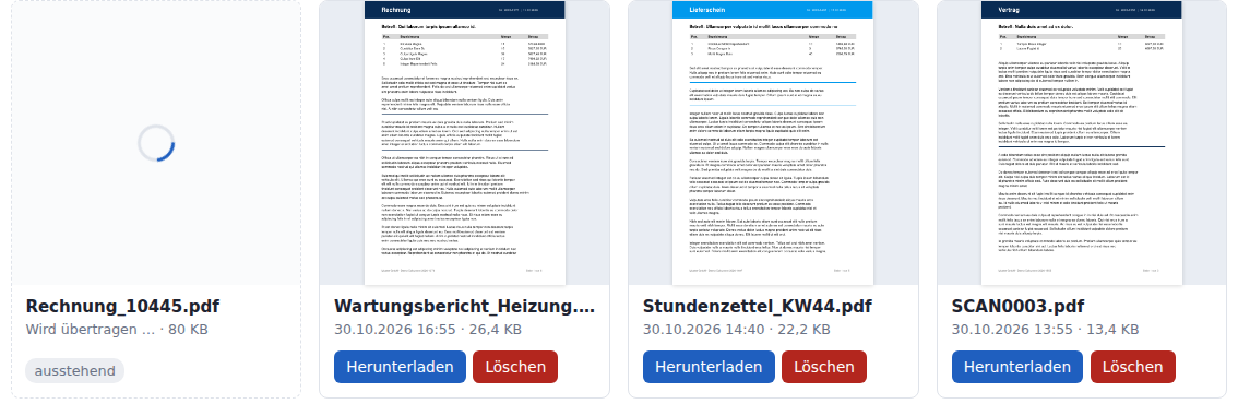 Gestrichelte Kachel „Wird übertragen …“ während eines Scans