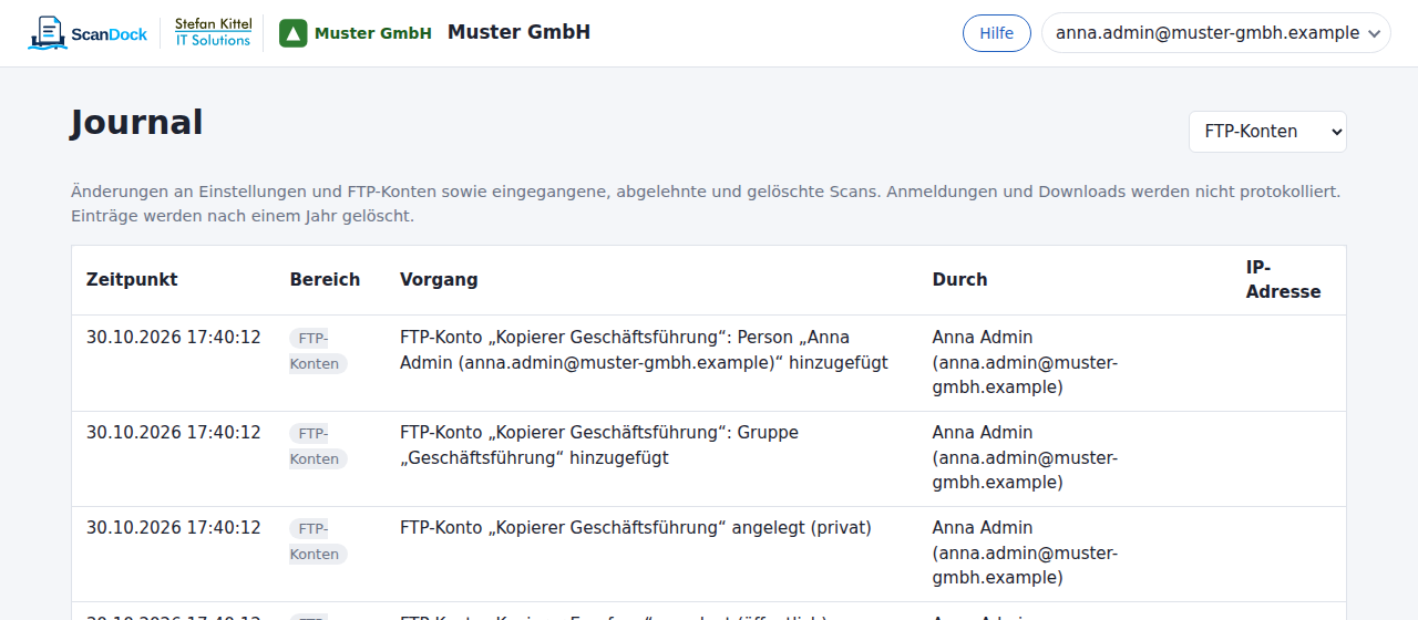 Journal mit Filter „Bereich“ und einigen Einträgen
