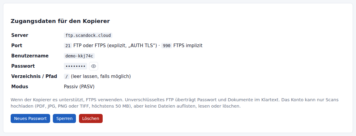 Detailseite eines FTP-Kontos mit Zugangsdaten und Augen-Symbol