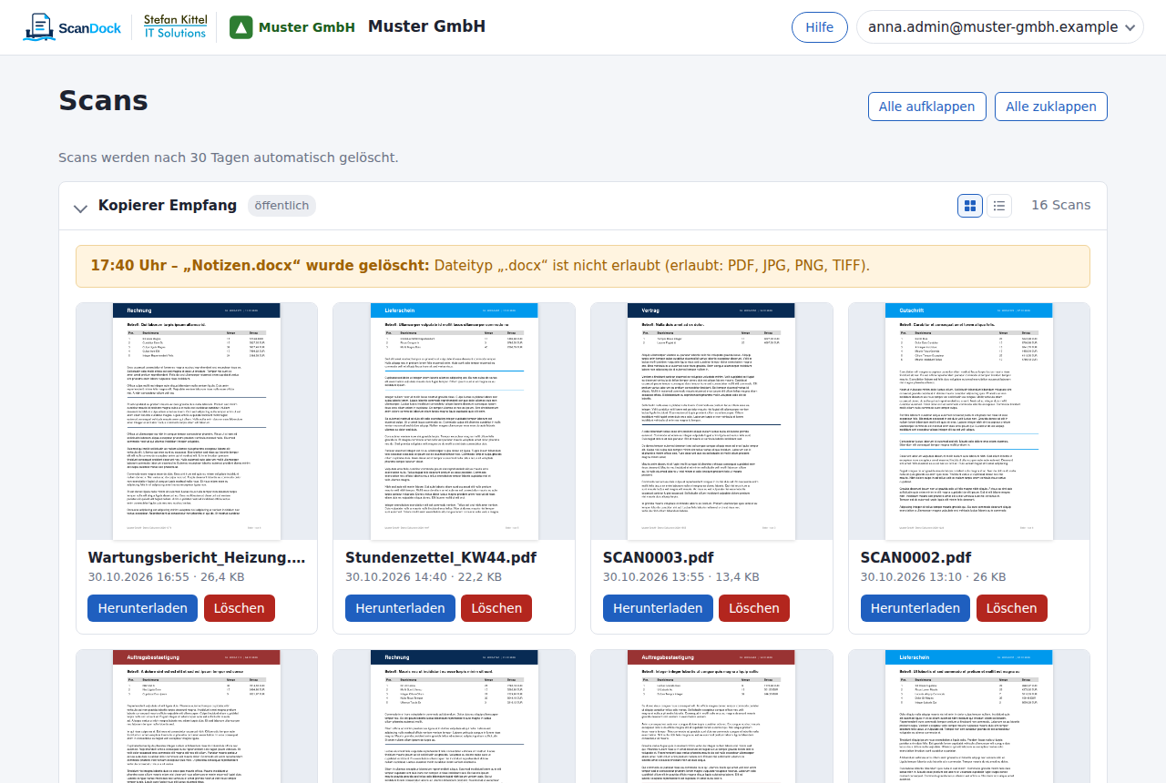 Startseite von ScanDock mit Scan-Liste (Gesamtansicht)