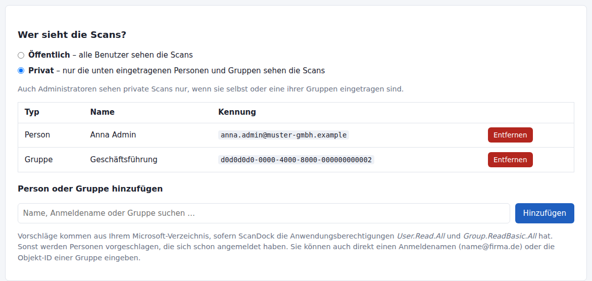 Bereich „Wer sieht die Scans?“ mit Auswahl öffentlich/privat und Liste der Freigaben