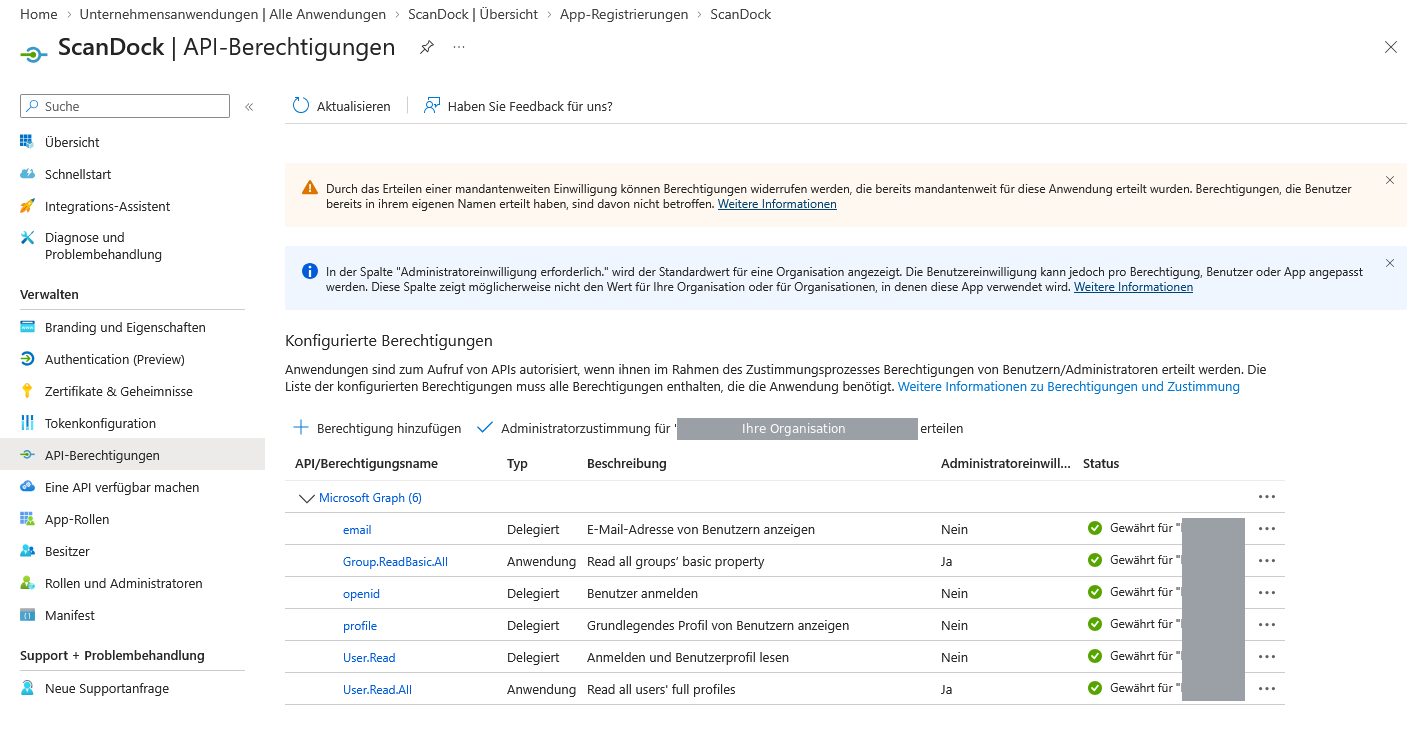 Entra: API-Berechtigungen mit „Administratorzustimmung erteilen“